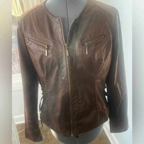 Marc Bouwer Jackets & Blazers - M By Marc Bouwer Sz M Brown Faux Leather Jacket Coat Side Lace up Leopard lining